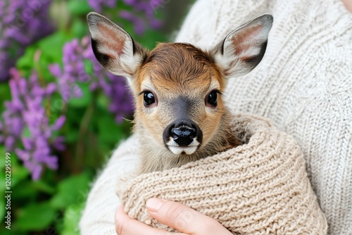 Wildlife rescue worker caring for an orphaned fawn wrapped in a cozy blanket amidst vibrant purple flowers photo