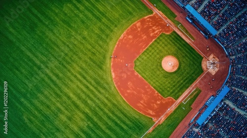 Aerial view of an empty baseball field with lush green grass
