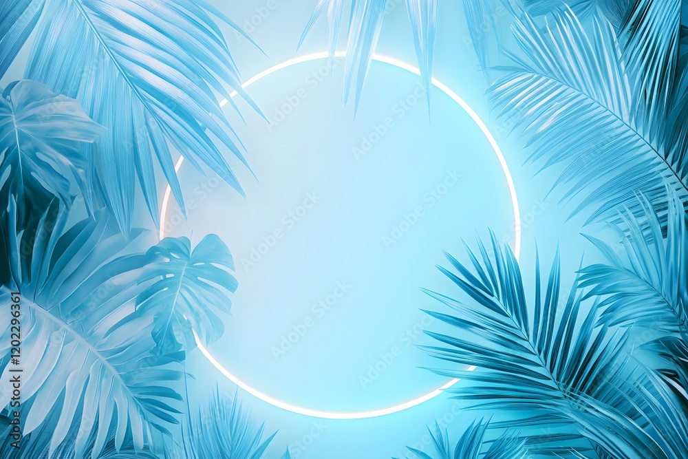 Fototapeta premium Blue tropical foliage frames a luminous circular light installation