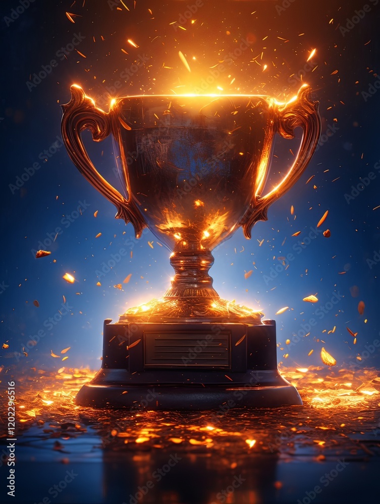 Glowing trophy cup with light particles, set against a dark blue background, symbolizing an award, the winner of a contest Glowing trophy cup with light particles, set against a dark blue background, symbolizing an award, the winner of a contest
