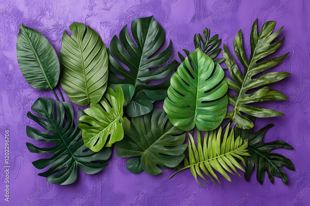 Collection of vibrant green leaves arranged on a purple background for decorative purposes Collection of vibrant green leaves arranged on a purple background for decorative purposes