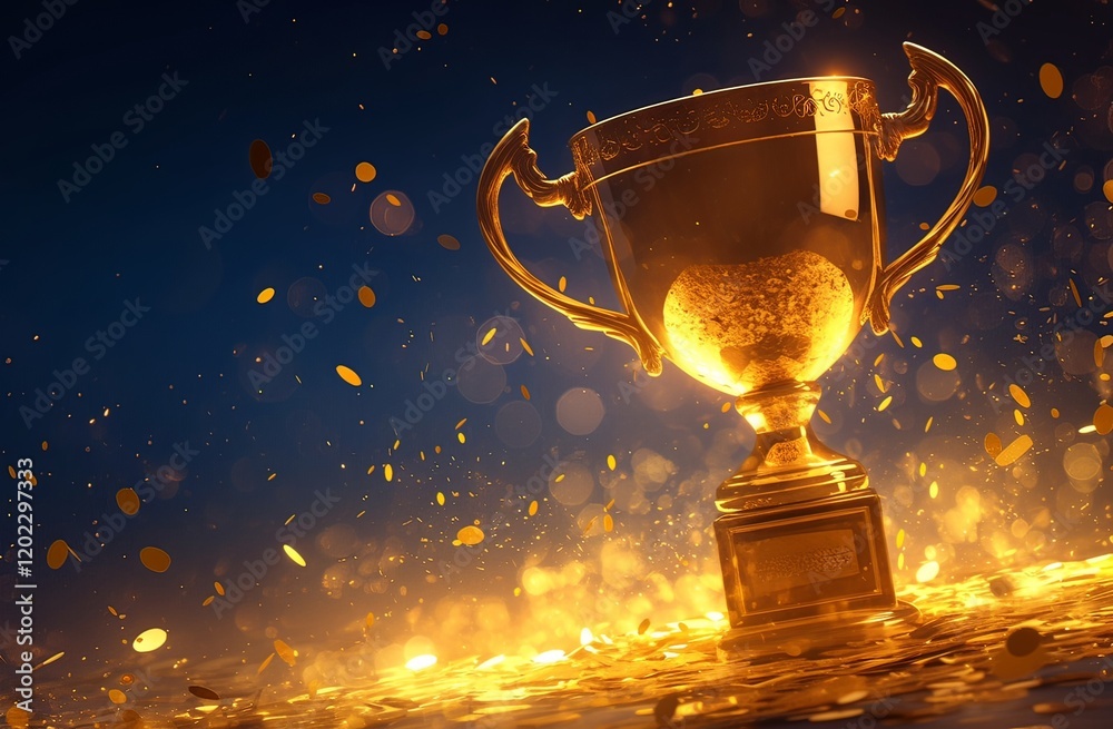 Glowing trophy cup with light particles, set against a dark blue background, symbolizing an award, the winner of a contest Glowing trophy cup with light particles, set against a dark blue background, symbolizing an award, the winner of a contest