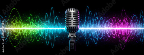 Professional microphone glowing with neon waveforms, showcasing themes of music, podcasting and audio production in a futuristic - colorful design banner cover photo