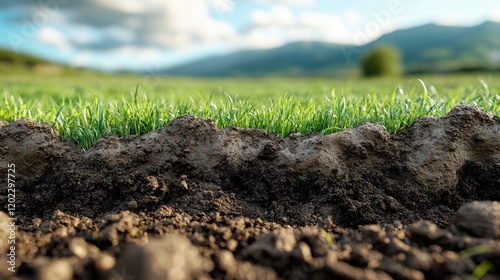 Close-up of fertile soil and green grass in scenic landscape with mountains photo