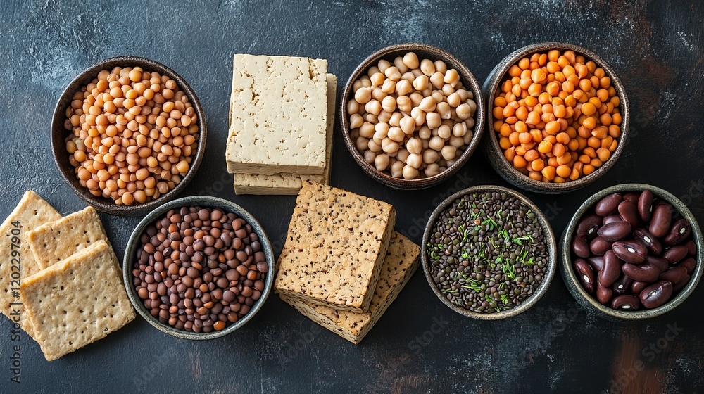 Assortment of Healthy Legumes and Crackers on Dark Background Assortment of Healthy Legumes and Crackers on Dark Background