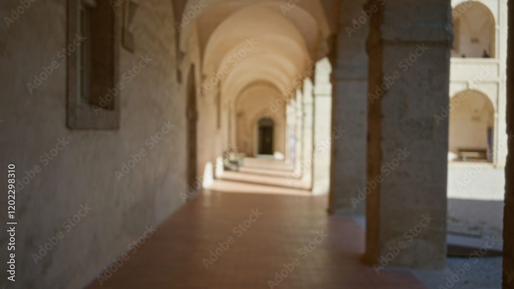 Blurred view along an old university campus corridor with historic arches casting shadows, creating a peaceful and defocused atmosphere emphasizing architectural beauty. Blurred view along an old university campus corridor with historic arches casting shadows, creating a peaceful and defocused atmosphere emphasizing architectural beauty.