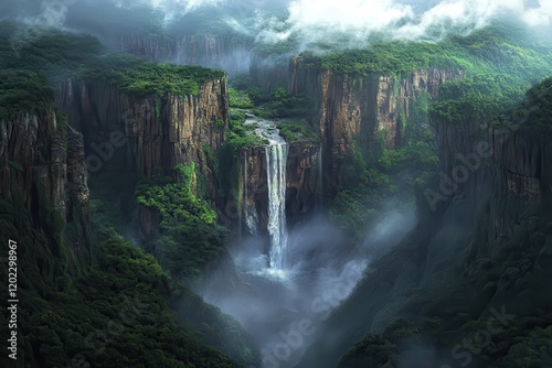 A breathtaking view of a tall waterfall cascading into misty depths, surrounded by lush green jungle and rugged cliffs.