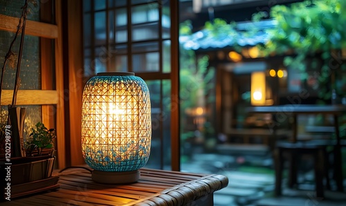 A glowing lamp illuminates a cozy room with a view of a lush, dimly lit garden space