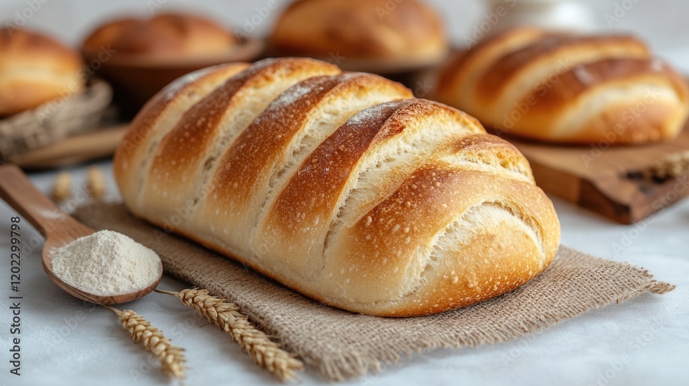 Freshly baked artisan bread loaf with rustic crust on burlap cloth