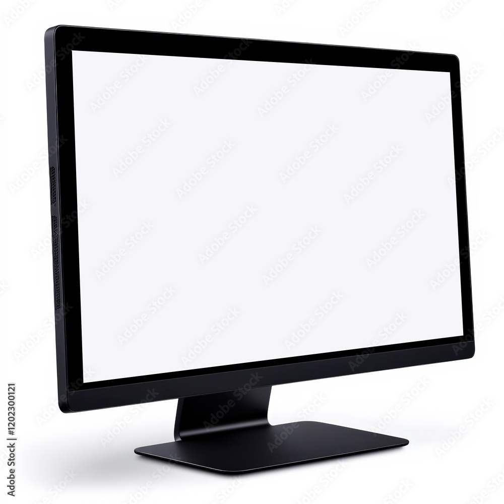 A minimalist black computer monitor is showcased on a sleek stand, featuring a blank screen, ideal for showcasing digital content, website designs, or as a placeholder for promotional materials, A minimalist black computer monitor is showcased on a sleek stand, featuring a blank screen, ideal for showcasing digital content, website designs, or as a placeholder for promotional materials,