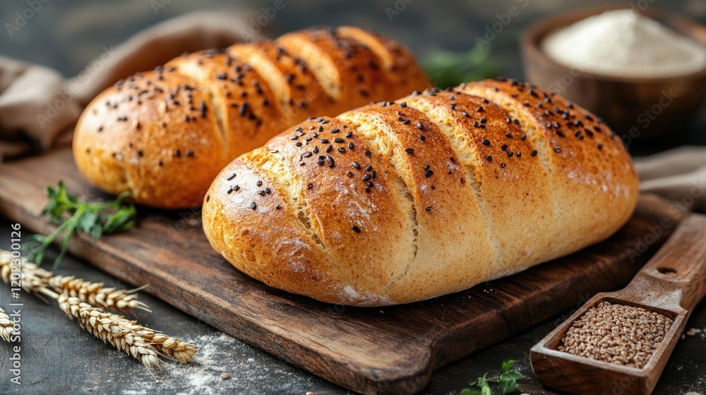 Freshly baked loaves of bread with sesame seeds on rustic wooden board