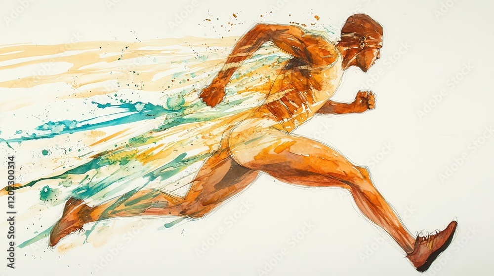 Obraz premium Watercolor painting of an athletic figure in motion, dynamic lines and bold brushstrokes conveying energy, with harmonious colors against a white background