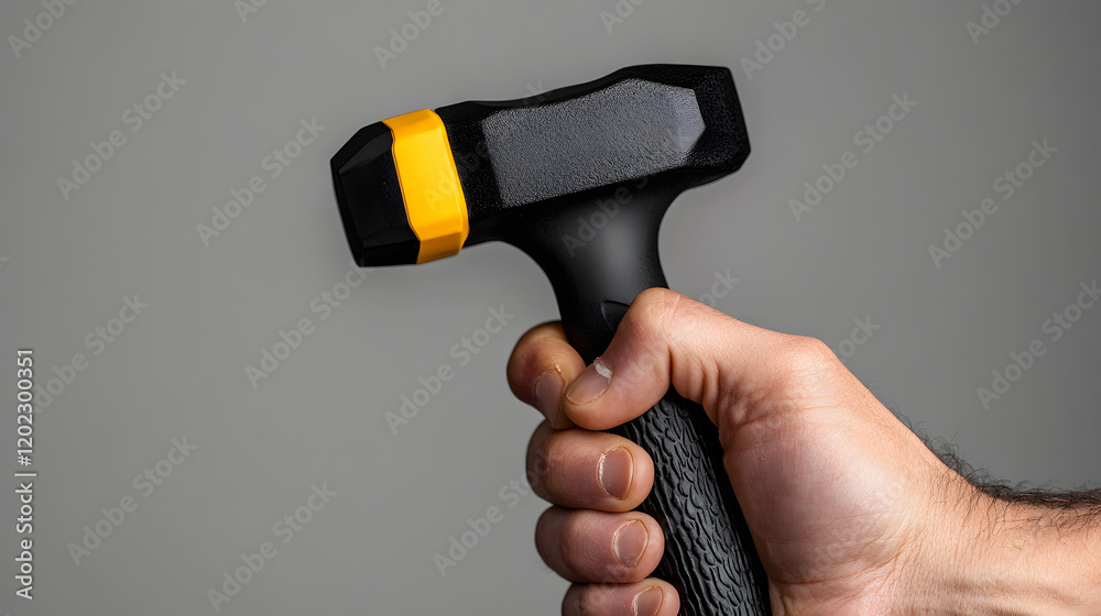 Hand showcasing a compact black hammer with a textured steel head and a bright yellow handle, UHD 4K Image. Hand showcasing a compact black hammer with a textured steel head and a bright yellow handle, UHD 4K Image.