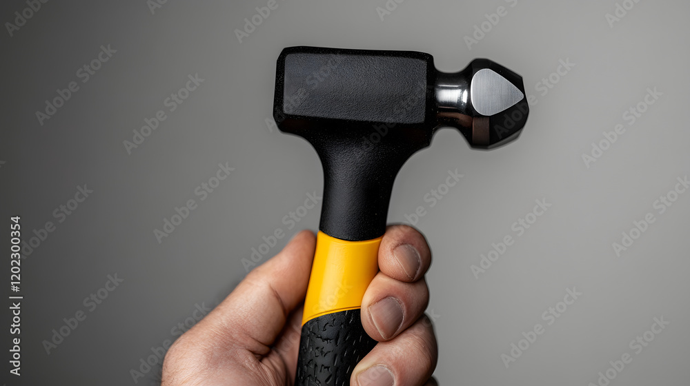 Close-up of a black-and-yellow machinist hammer with a flat steel head and ergonomic grip, UHD 4K Image. Close-up of a black-and-yellow machinist hammer with a flat steel head and ergonomic grip, UHD 4K Image.