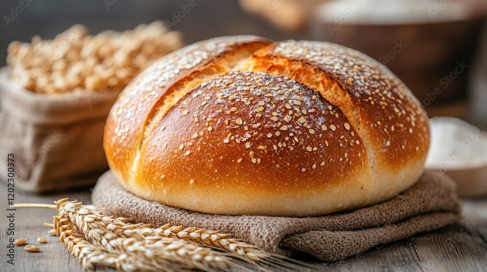 Freshly baked round rustic bread with seeds on a wooden table Freshly baked round rustic bread with seeds on a wooden table