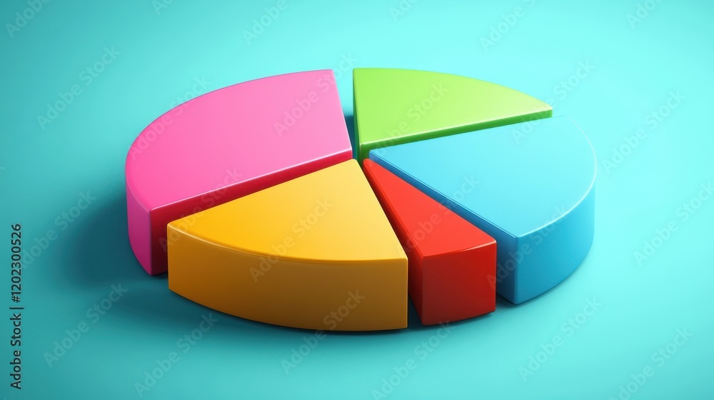 Colorful 3D pie chart on a solid background representing data visualization. Colorful 3D pie chart on a solid background representing data visualization.