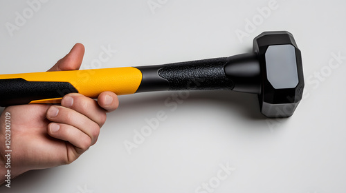 Close-up of a hand gripping a black-and-yellow machinist hammer with a durable steel head, UHD 4K Image.	 photo