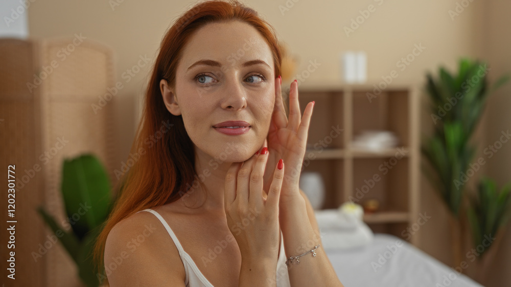 Young woman with red hair touching her face in a serene spa room with plants and shelves in the background Young woman with red hair touching her face in a serene spa room with plants and shelves in the background