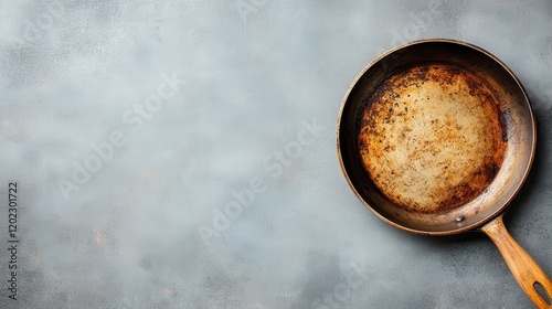 A well-used rustic frying pan placed on a textured surface depicting culinary charm, emphasizing the art of cooking with an antique touch and simplicity. photo