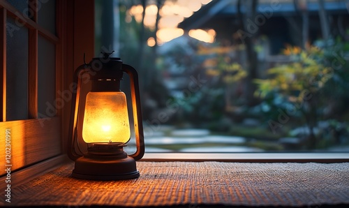 A warm glow emanates from an antique lamp on a woven mat against a blurred outdoor scene
