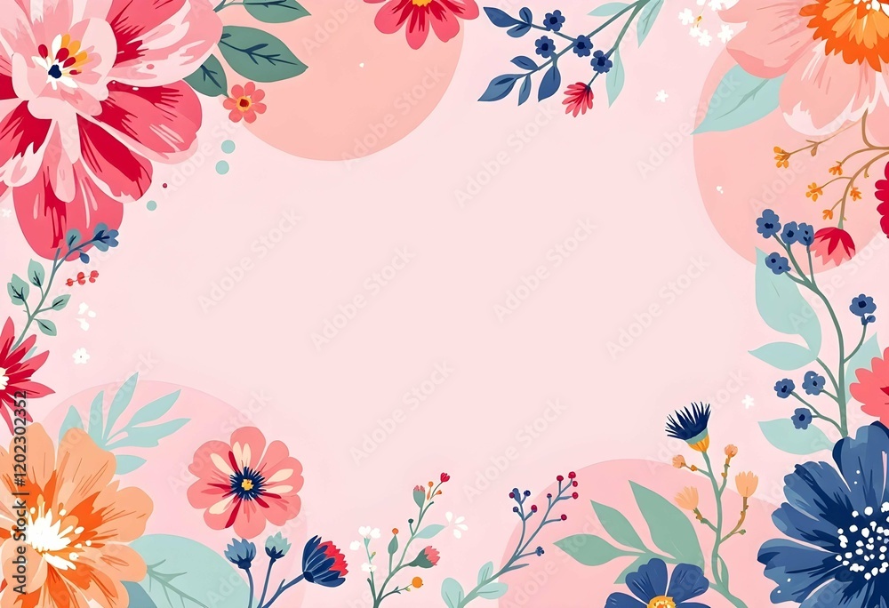 Floral frame with pink and coral flowers on pastel pink background. Watercolor style spring blossoms with navy and mint leaves. Romantic feminine border design for wedding cards with text space Floral frame with pink and coral flowers on pastel pink background. Watercolor style spring blossoms with navy and mint leaves. Romantic feminine border design for wedding cards with text space