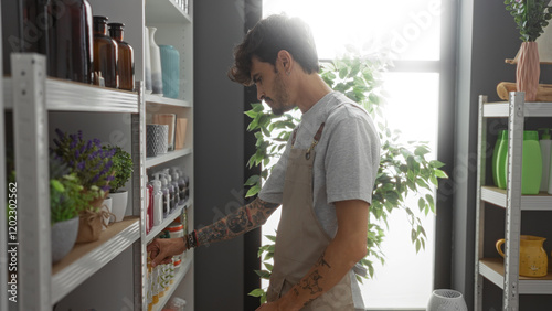 Young man with beard and tattoos wearing an apron and arranging items in a well-decorated home decor store with shelves full of plants and vases