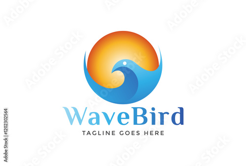 Sunset Bird Logo. Nature Logotype Concept. seagull, Sun and blue wave on the sea for business, identity, symbol of vacation, tourism, holiday, ocean, summer, beach, travel.