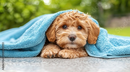 Playful dog under blue blanket backyard pet photography lush green environment close-up shot comfort and cuteness photo