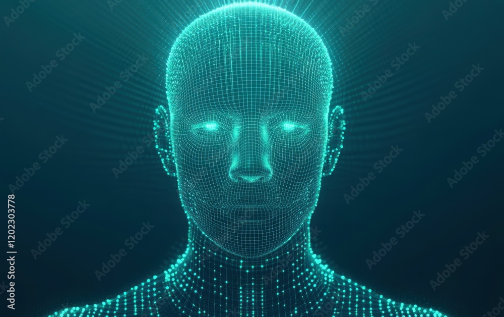 Abstract digital human head with polygonal lines and glowing dots on a blue background, an AI concept illustration for artificial intelligence technology design Generative AI Abstract digital human head with polygonal lines and glowing dots on a blue background, an AI concept illustration for artificial intelligence technology design Generative AI