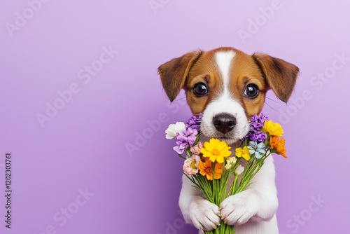 A cute dog holding a bouquet of flowers, set against a soft purple flat background. The design includes ample blank space, making it perfect for Women's Day, Mother's Day, or a gift card.