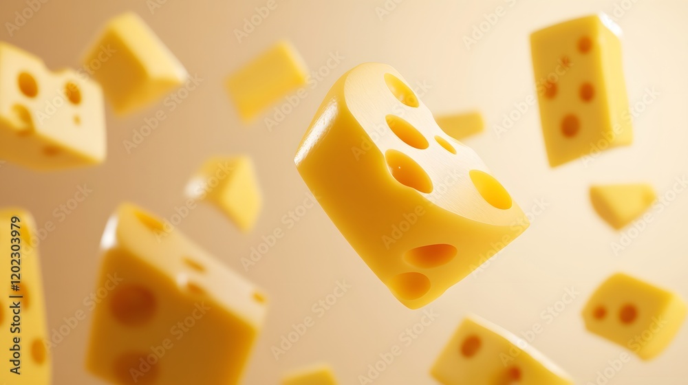 A 3D abstract rendering of floating cheese cubes and slices A 3D abstract rendering of floating cheese cubes and slices