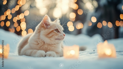 A fluffy cat peacefully rests on the snow, surrounded by twinkling warm lights in the background, creating a magical winter scene that evokes a sense of coziness and wonder. photo