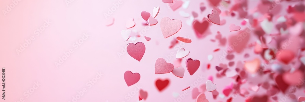 Many pink and red hearts of different sizes are falling creating a romantic atmosphere for valentine's day, wedding, anniversary, or mother's day, with space for text or design Many pink and red hearts of different sizes are falling creating a romantic atmosphere for valentine's day, wedding, anniversary, or mother's day, with space for text or design
