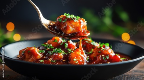 A spoonful of tender chicken cubes glazed in a rich savory sauce, served in a bowl, showcasing an exquisite culinary presentation ready for tasting. photo