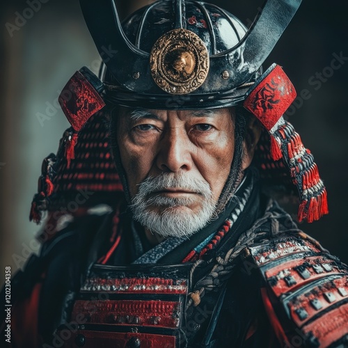 Portrait of an ancient Japanese warrior in full armor, looking directly at the camera with determination and focus photo