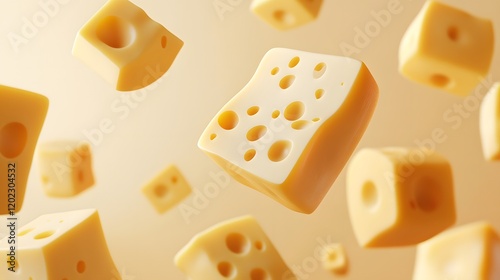 A 3D abstract rendering of floating cheese cubes and slices