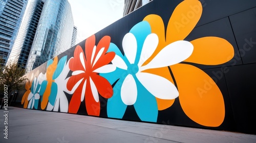 A street mural showcasing dynamic, bold floral designs with vivid color contrasts, enveloped by towering city buildings, symbolizing urban creativity in modern settings. photo