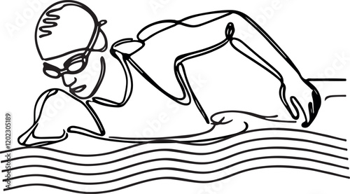 Vector Line Drawing of Triathlete Swimming in Open Water