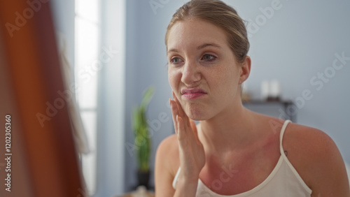 Young woman with blonde hair in a spa room examining her skin near a mirror, displaying a displeased expression. Free Download Young woman with blonde hair in a spa room examining her skin near a mirror, displaying a displeased expression. - GFXLoad