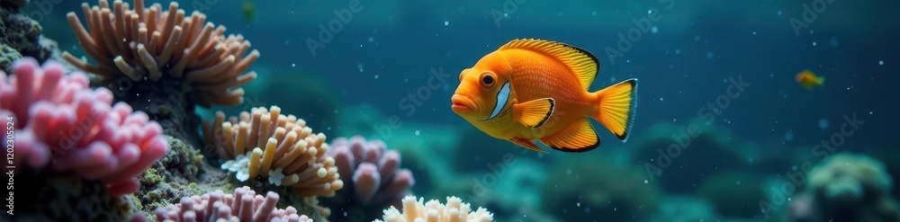 Small orange fish with yellow tail swimming near coral reef, reef dweller, marine life