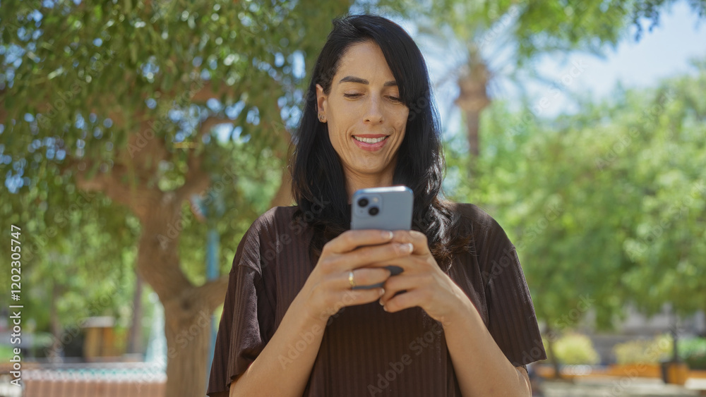 Woman using smartphone in urban park outdoors during daytime, smiling at screen surrounded by greenery Woman using smartphone in urban park outdoors during daytime, smiling at screen surrounded by greenery