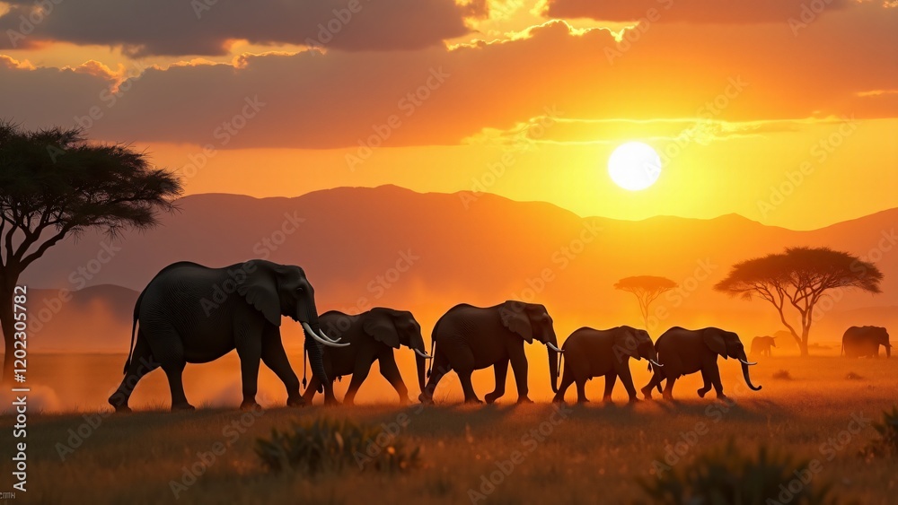 Fototapeta premium A majestic herd of elephants walking across golden African savanna plains at sunset, with warm hues, acacia trees, and distant mountains in the backdrop.