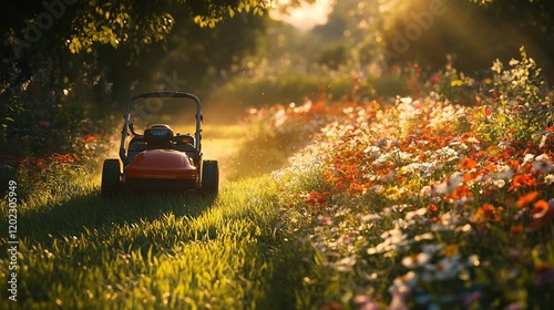 Red lawn mower amidst a field of vibrant wildflowers at golden hour sunlight