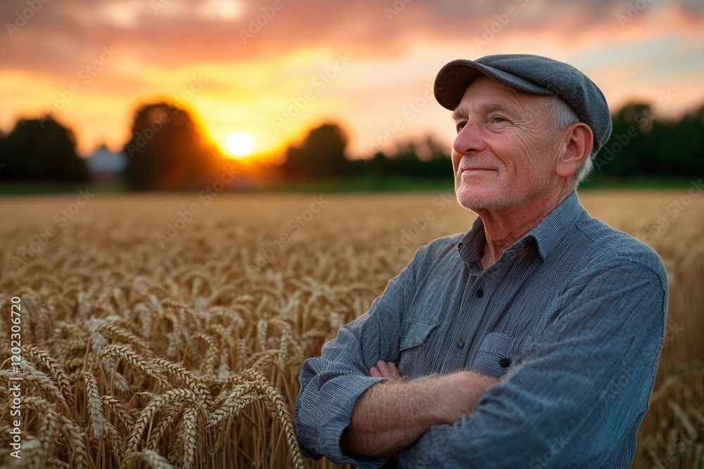 Elderly man stands proudly in golden wheat field at sunset, reflecting on a life of harvest Elderly man stands proudly in golden wheat field at sunset, reflecting on a life of harvest