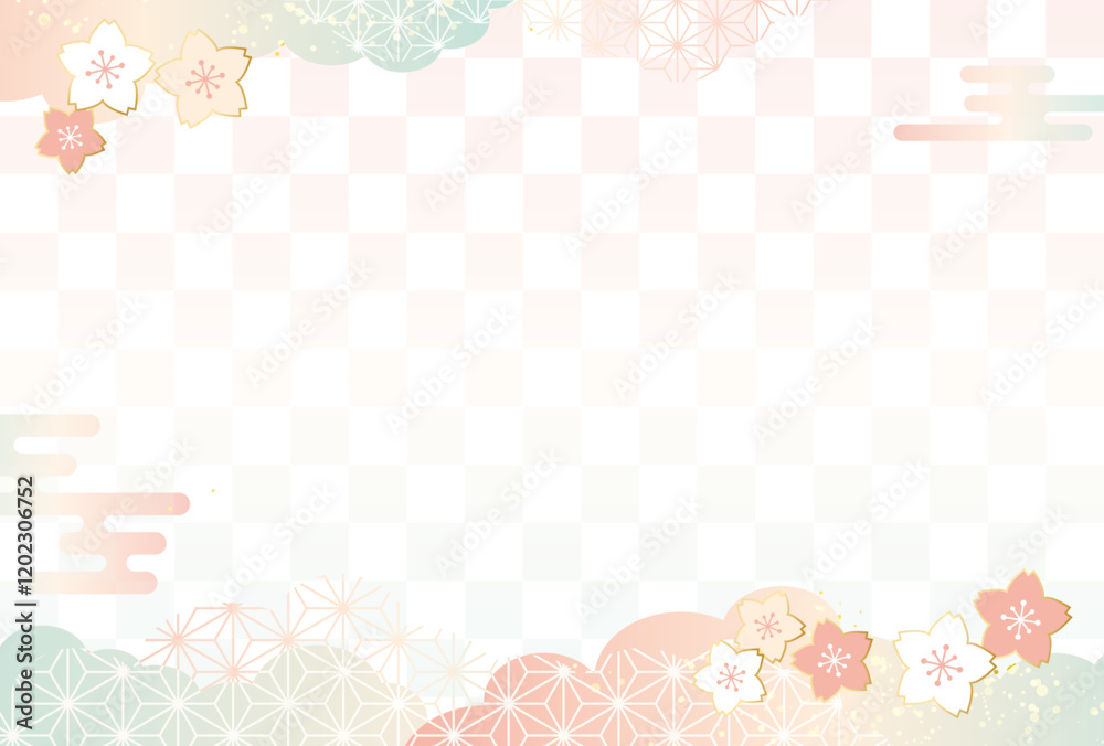 春の桜と和柄 背景 市松模様