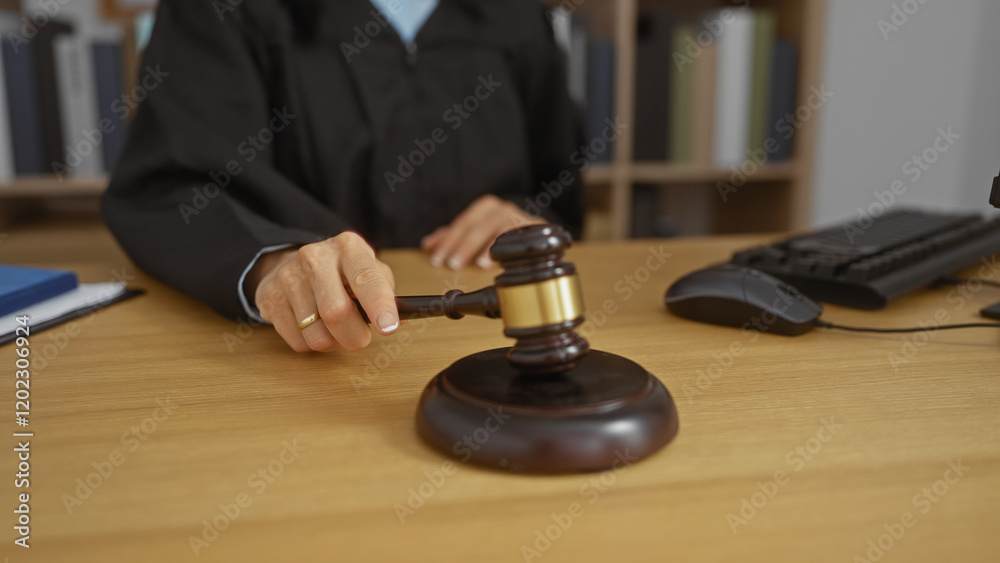 Woman judge wearing a robe in a court office, declaring a verdict with a gavel on a desk Woman judge wearing a robe in a court office, declaring a verdict with a gavel on a desk