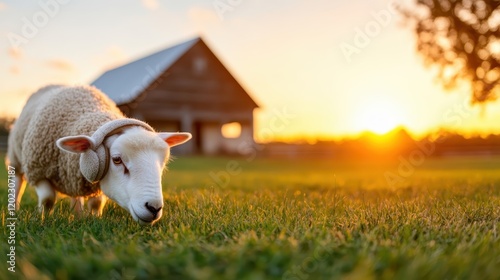 A sheep with headphones calmly grazes on a sunlit field near a rustic barn, blending the pastoral tranquility with a touch of modern charm and playfulness. photo