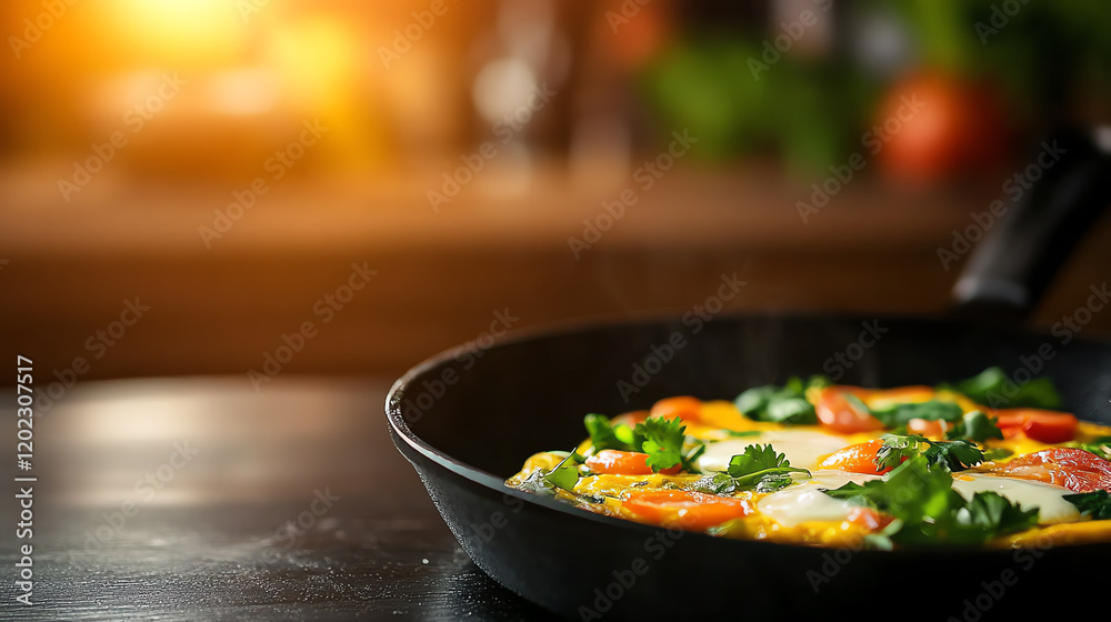A vibrant, freshly cooked omelette with colorful vegetables, garnished with herbs, set in a warm kitchen atmosphere. A vibrant, freshly cooked omelette with colorful vegetables, garnished with herbs, set in a warm kitchen atmosphere.