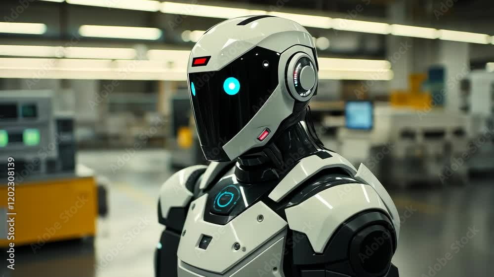 Advanced industrial robot stands in a high-tech factory, showcasing cutting-edge design and capabilities Advanced industrial robot stands in a high-tech factory, showcasing cutting-edge design and capabilities