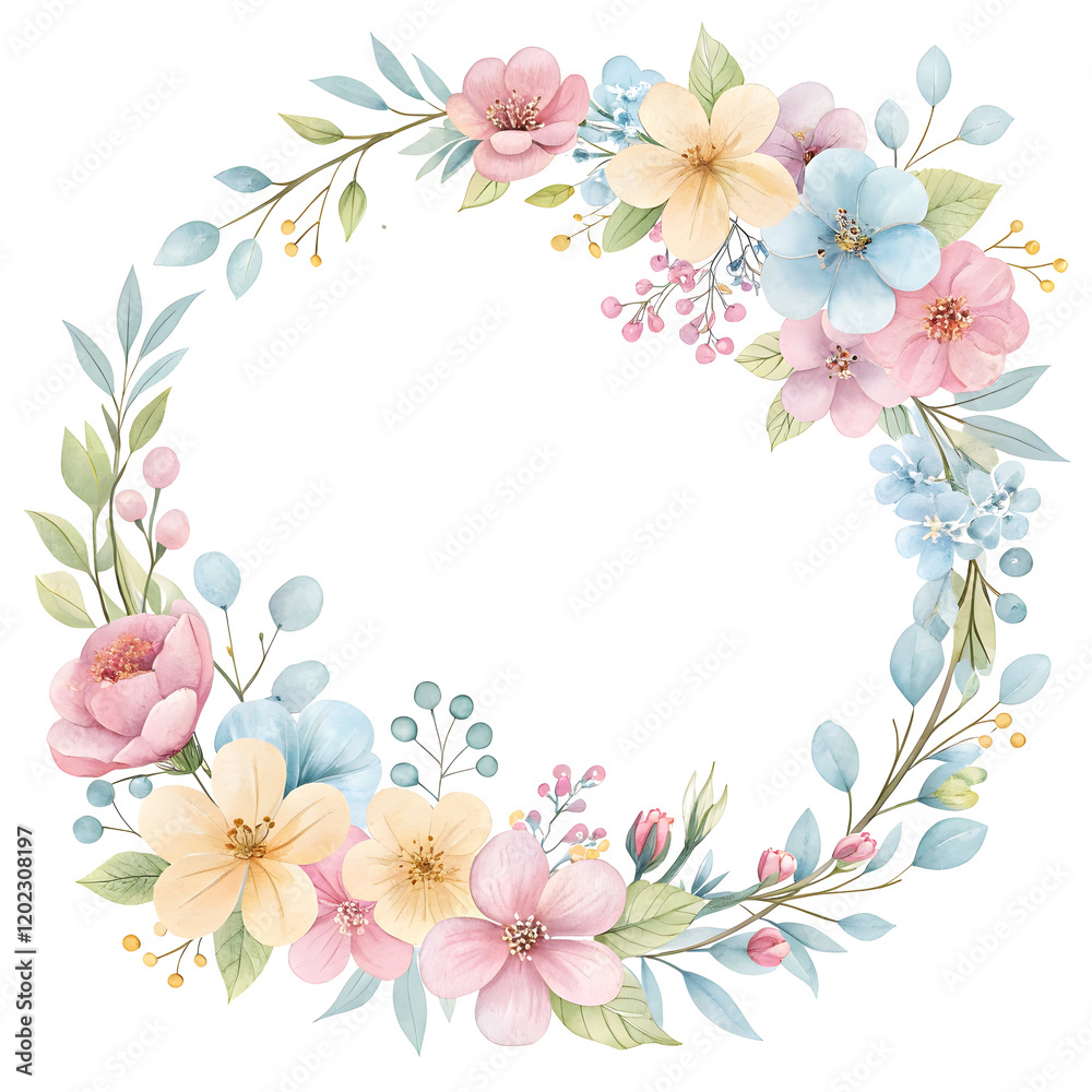 Naklejka premium Delicate Floral Wreath: A watercolor illustration of a whimsical wreath, delicately crafted from pastel pink, yellow, and blue blooms and lush green leaves.